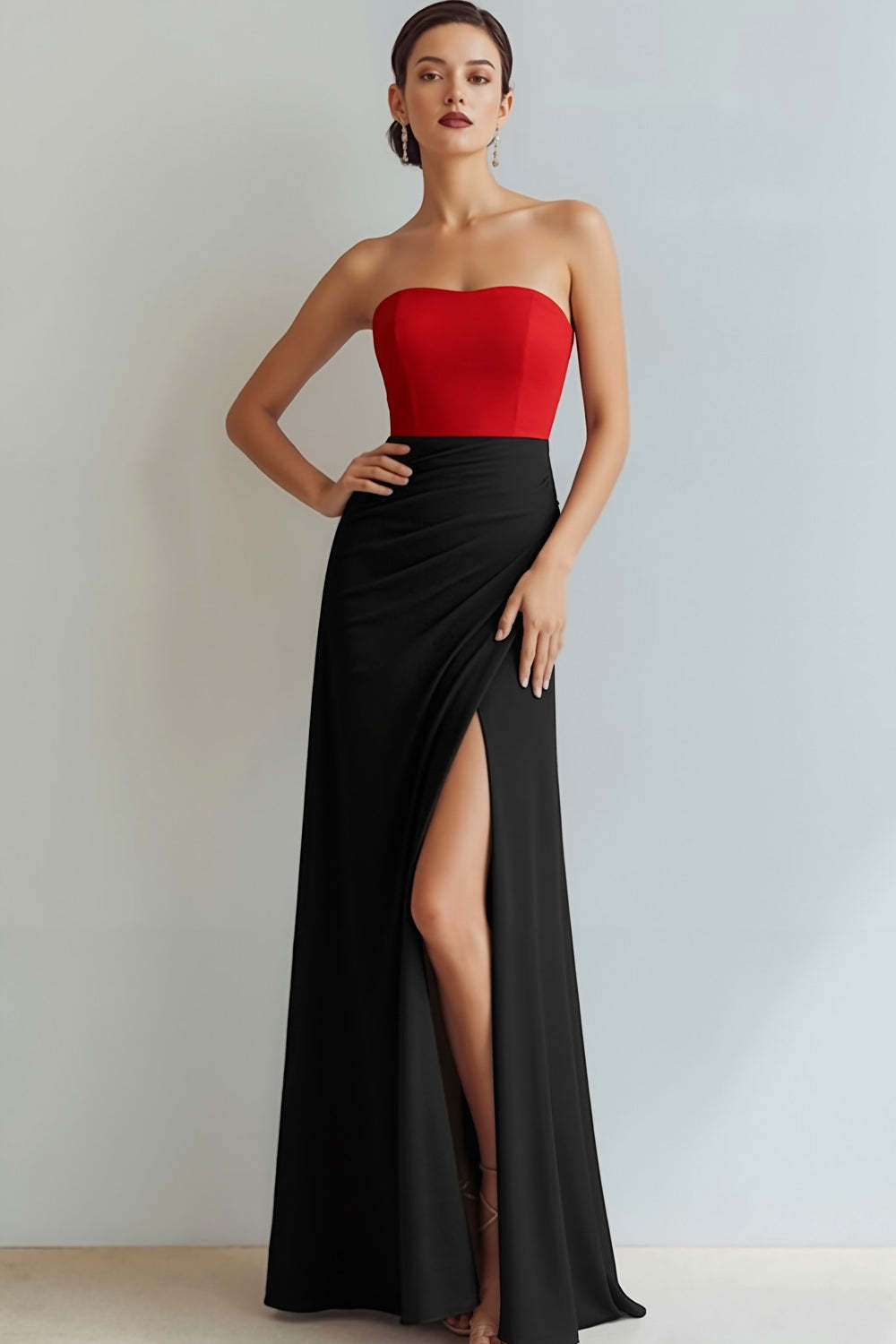 Leely Women Red and Black Ruched Long Wedding Guest Dress with Slit Sheath Strapless Backless Evening Black Tie Dress