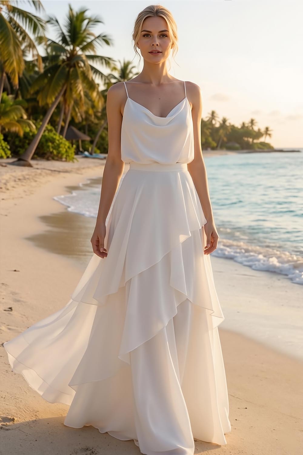 White Spaghetti Straps Chiffon Tiered Long Wedding Reception Dress