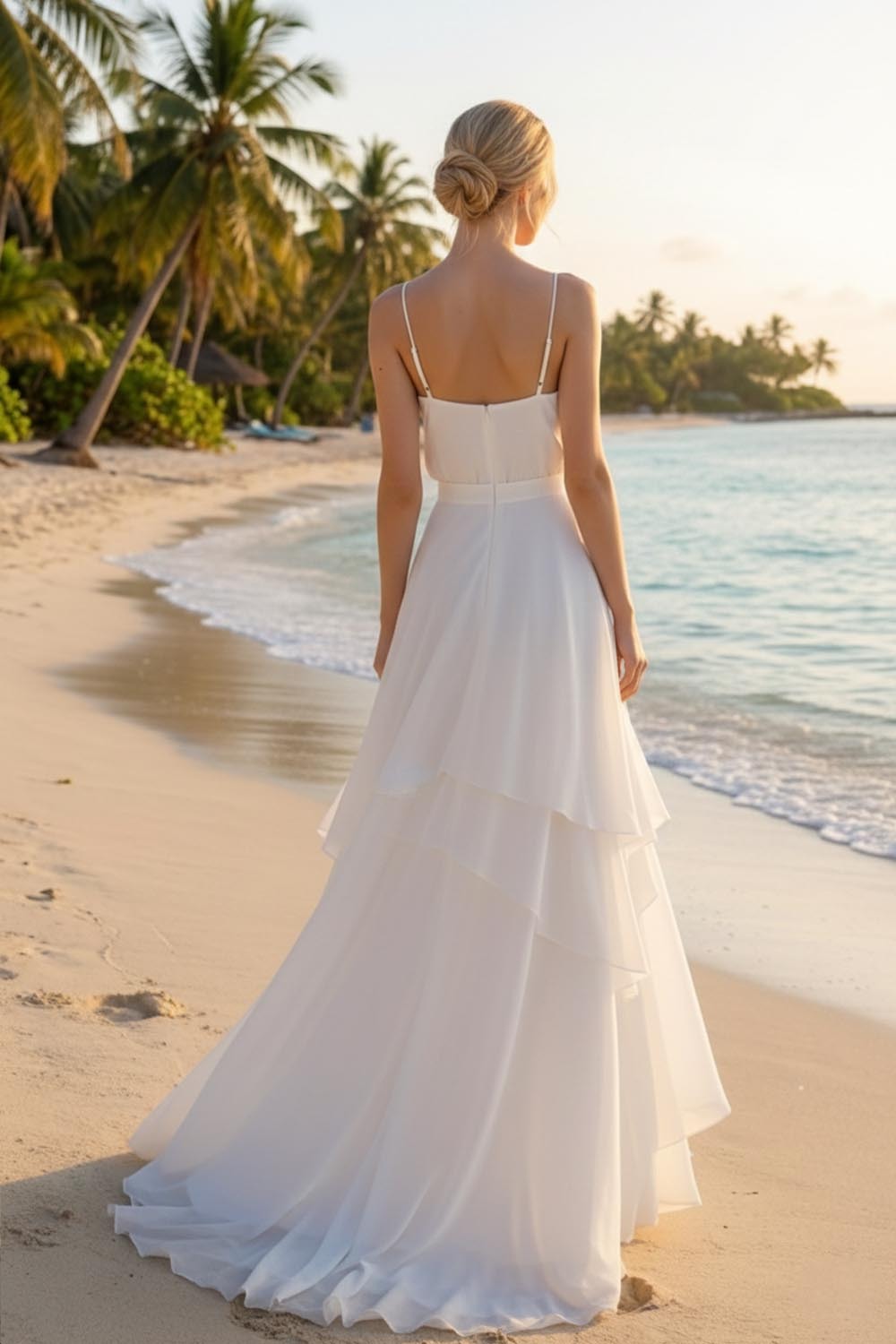 White Spaghetti Straps Chiffon Tiered Long Wedding Reception Dress