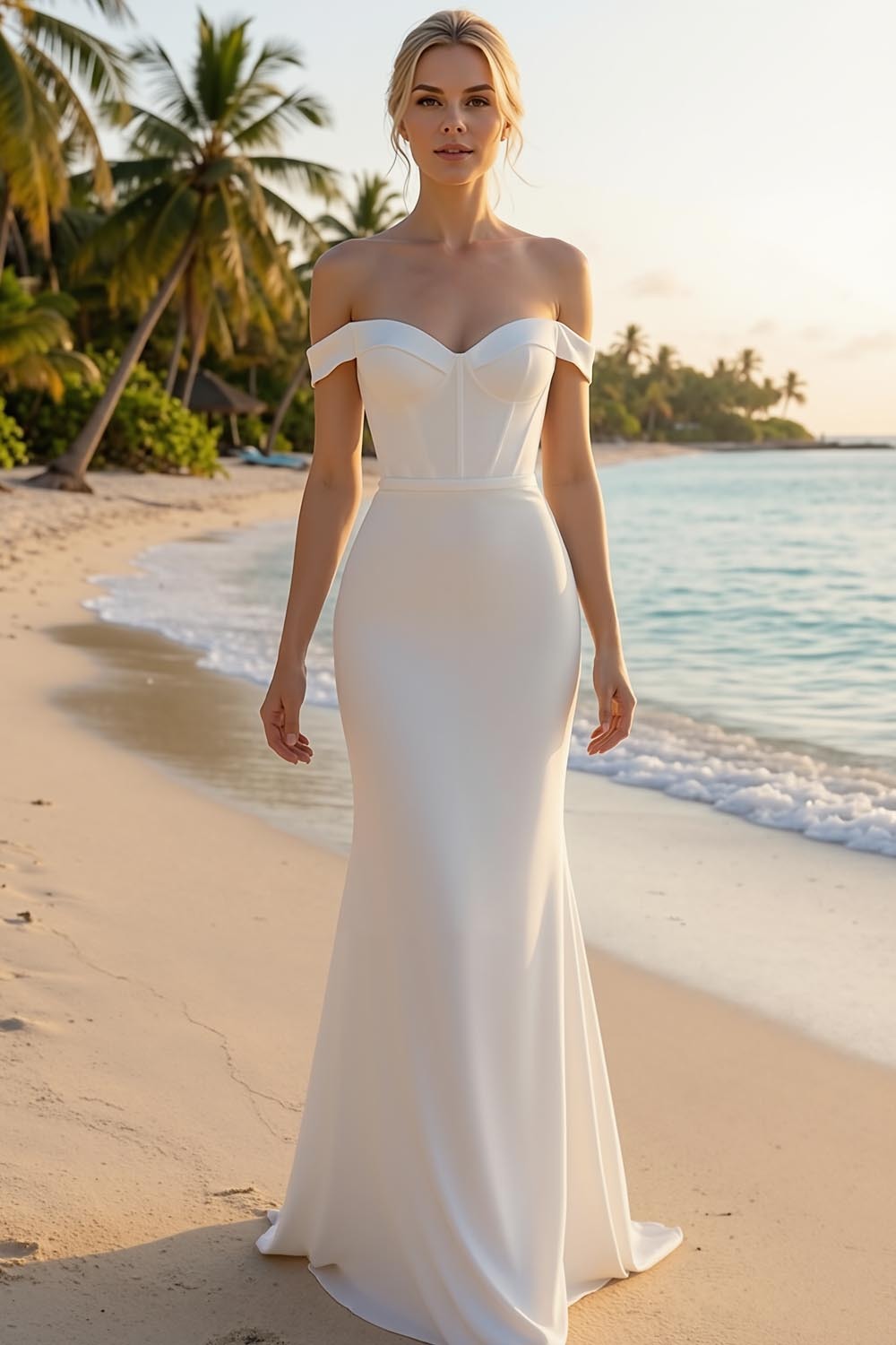 Leely Women White Mermaid Long Corset Wedding Reception Dress Off the Shoulder Backless Bridal Dress