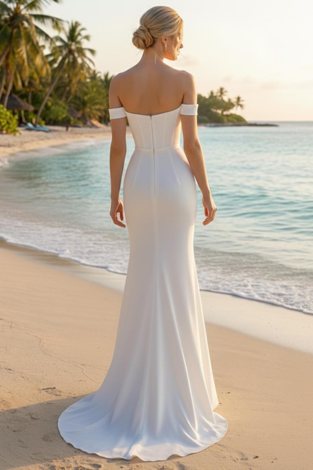 White Mermaid Off the Shoulder Long Corset Wedding Reception Dress