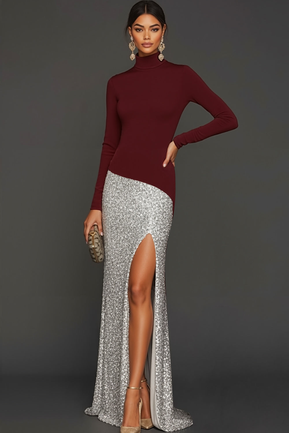 Sparkly Burgundy High Neck Sequin Long Sleeves Sheath Formal Dress with Slit