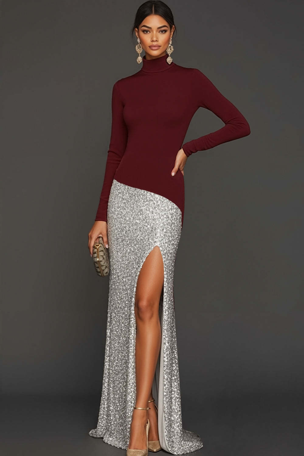 Leely Women Sparkly Burgundy Sequin Sheath Formal Dress with Slit High Neck Long Sleeves Evening Dress
