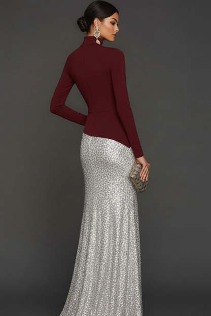 Sparkly Burgundy High Neck Sequin Long Sleeves Sheath Formal Dress with Slit