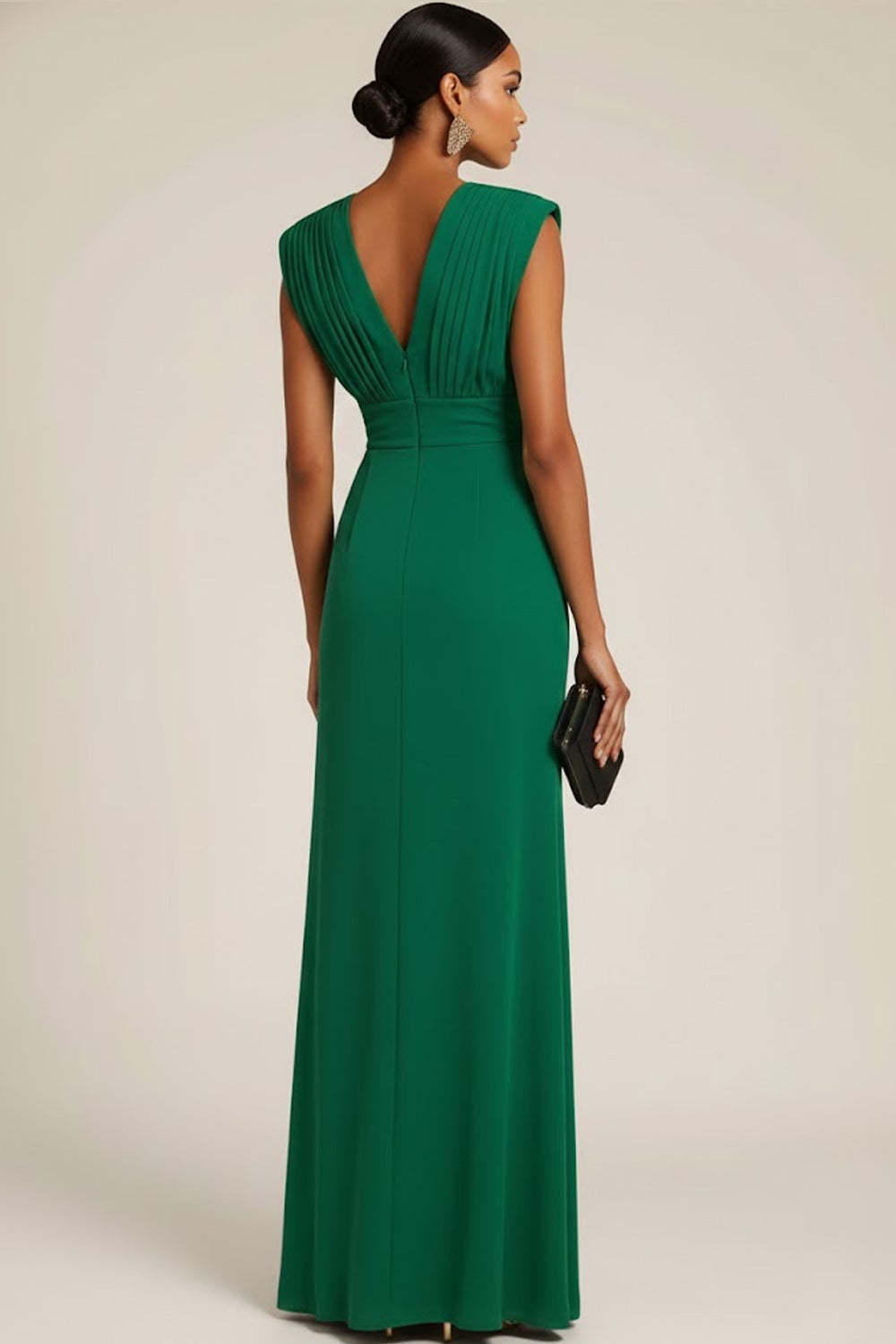 Emerald Green Pleated V-Neck Long Wedding Guest Dress with Slit
