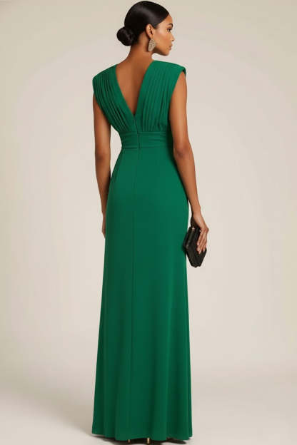 Emerald Green Pleated V-Neck Long Wedding Guest Dress with Slit