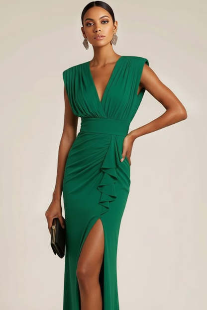 Emerald Green Pleated V-Neck Long Wedding Guest Dress with Slit