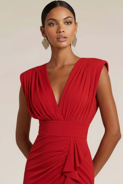 Emerald Green Pleated V-Neck Long Wedding Guest Dress with Slit