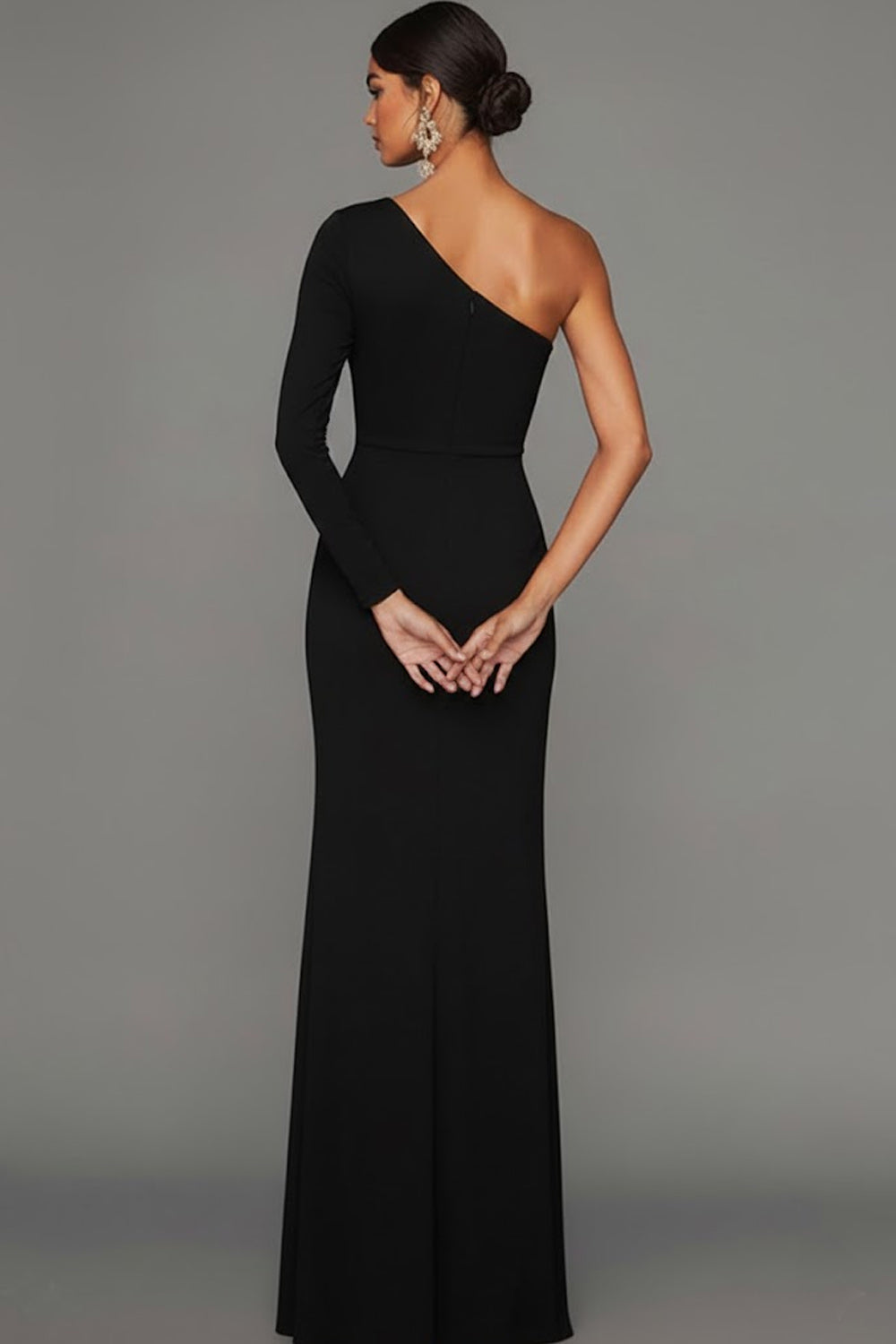 Black Sheath One Shoulder Long Sleeves Formal Dress with Slit