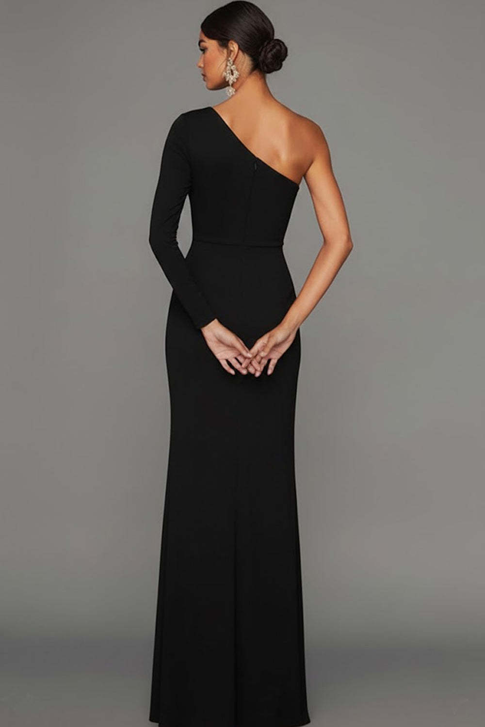 Black Sheath One Shoulder Long Sleeves Formal Dress with Slit