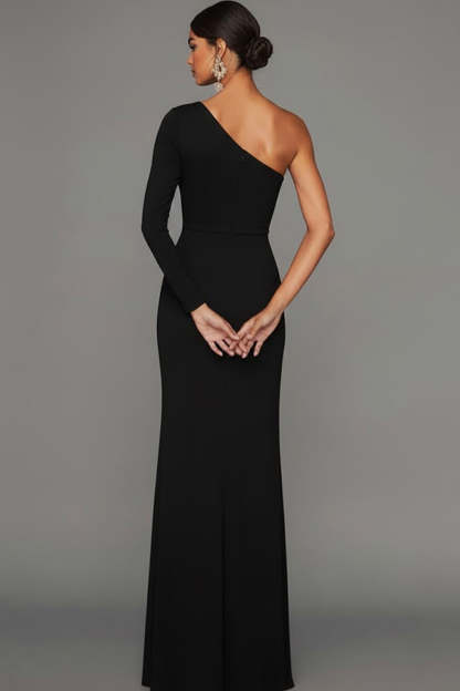 Black Sheath One Shoulder Long Sleeves Formal Dress with Slit