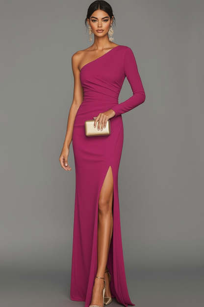 Leely Women Black One Shoulder Formal Dress with Slit Sheath Long Sleeves Wedding Guest Dress