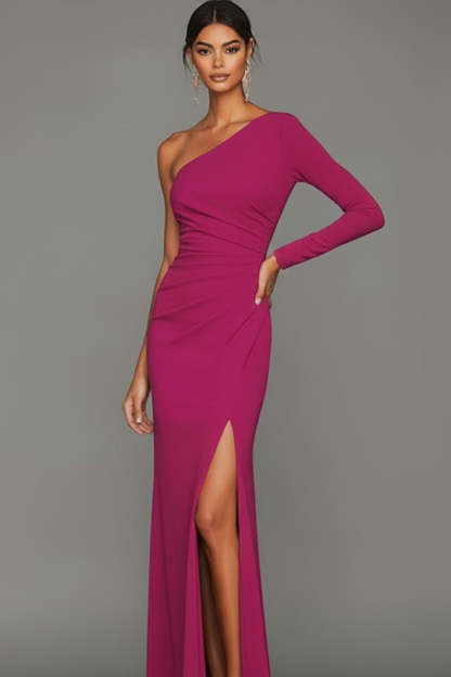 Black Sheath One Shoulder Long Sleeves Formal Dress with Slit