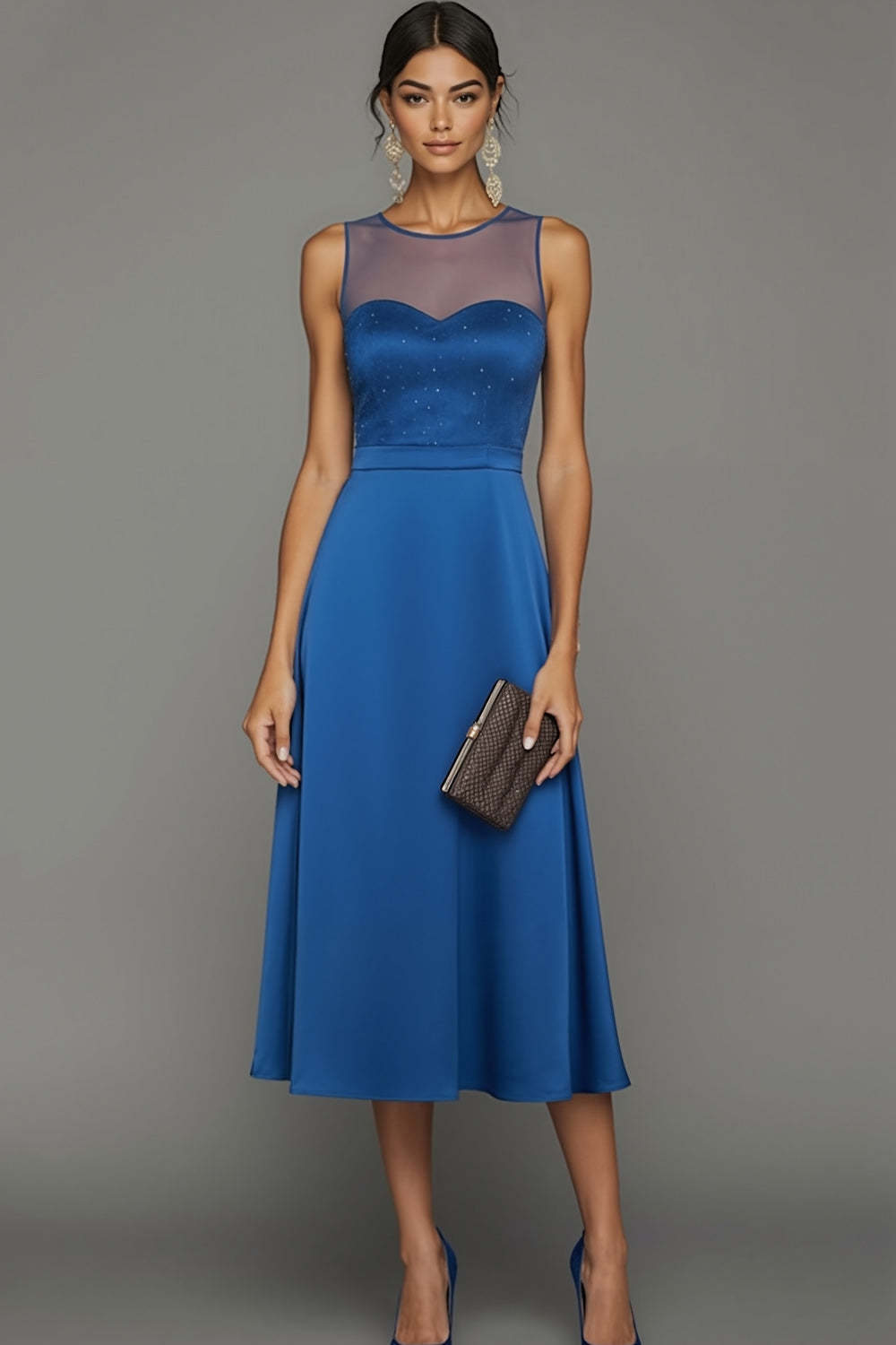 Leely Women Sparkly Blue Midi Beaded Wedding Guest Dress Satin Jewel Neck A Line Semi-Formal Dress