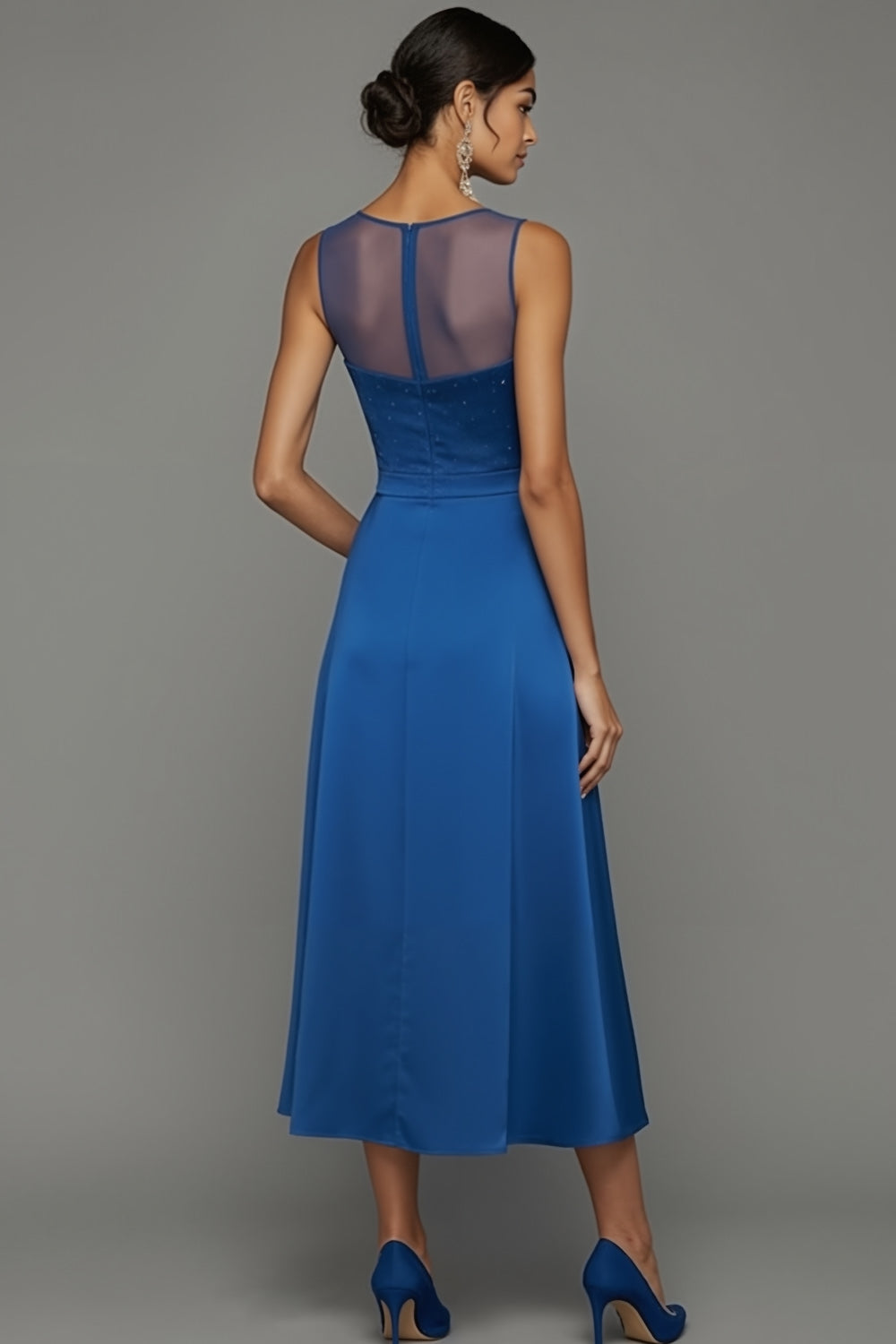 Blue Satin Jewel Neck A Line Midi Wedding Guest Dress