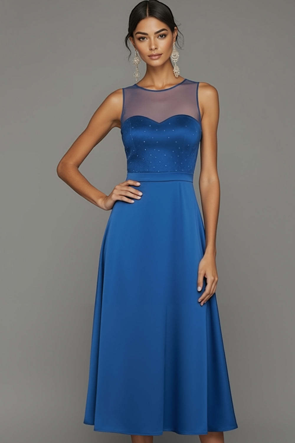 Blue Satin Jewel Neck A Line Midi Wedding Guest Dress