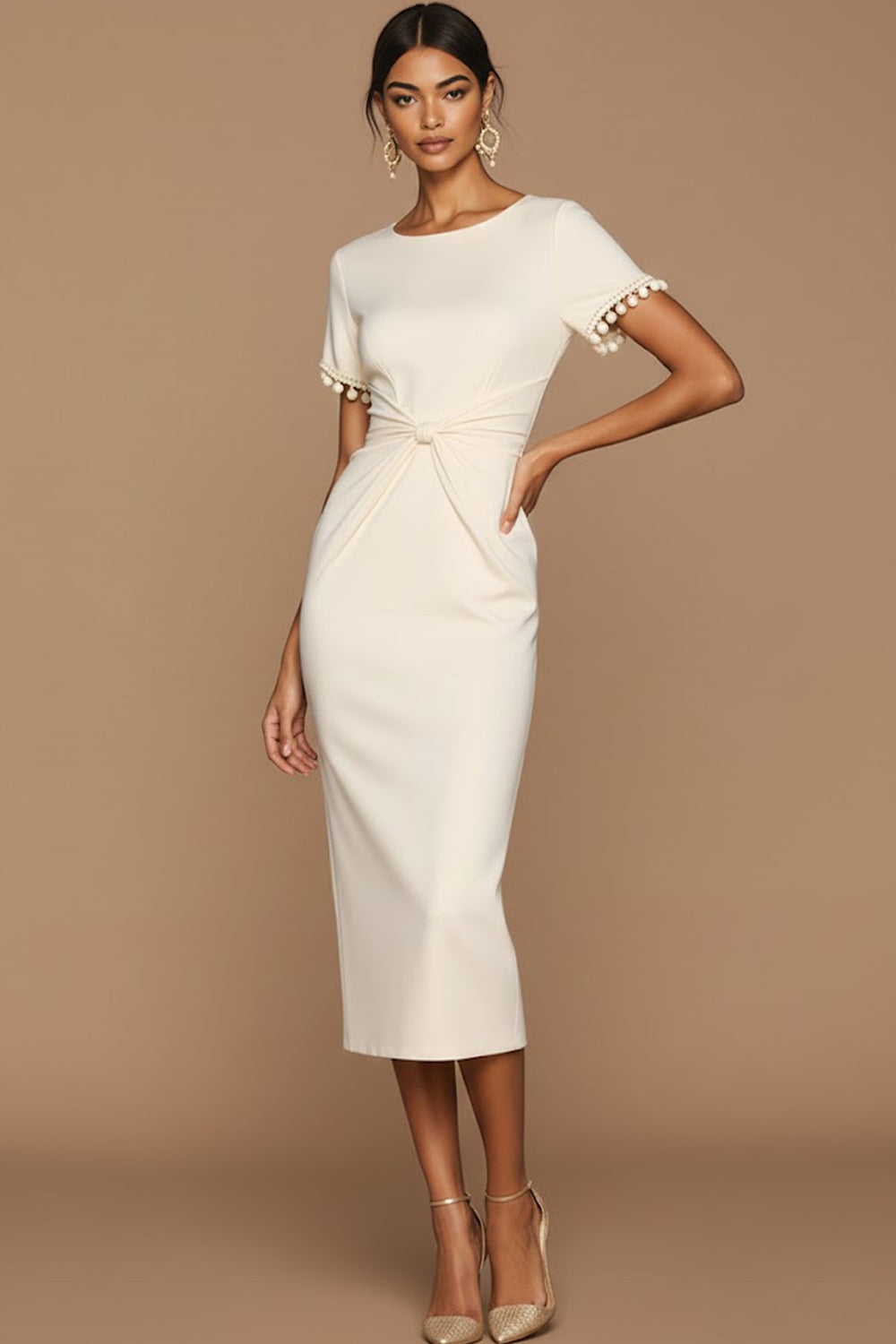 White Bodycon Jewel Neck Midi Wedding Reception Dress with Sleeves