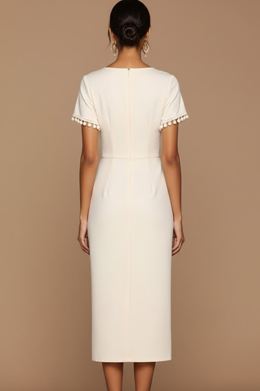 White Bodycon Jewel Neck Midi Wedding Reception Dress with Sleeves