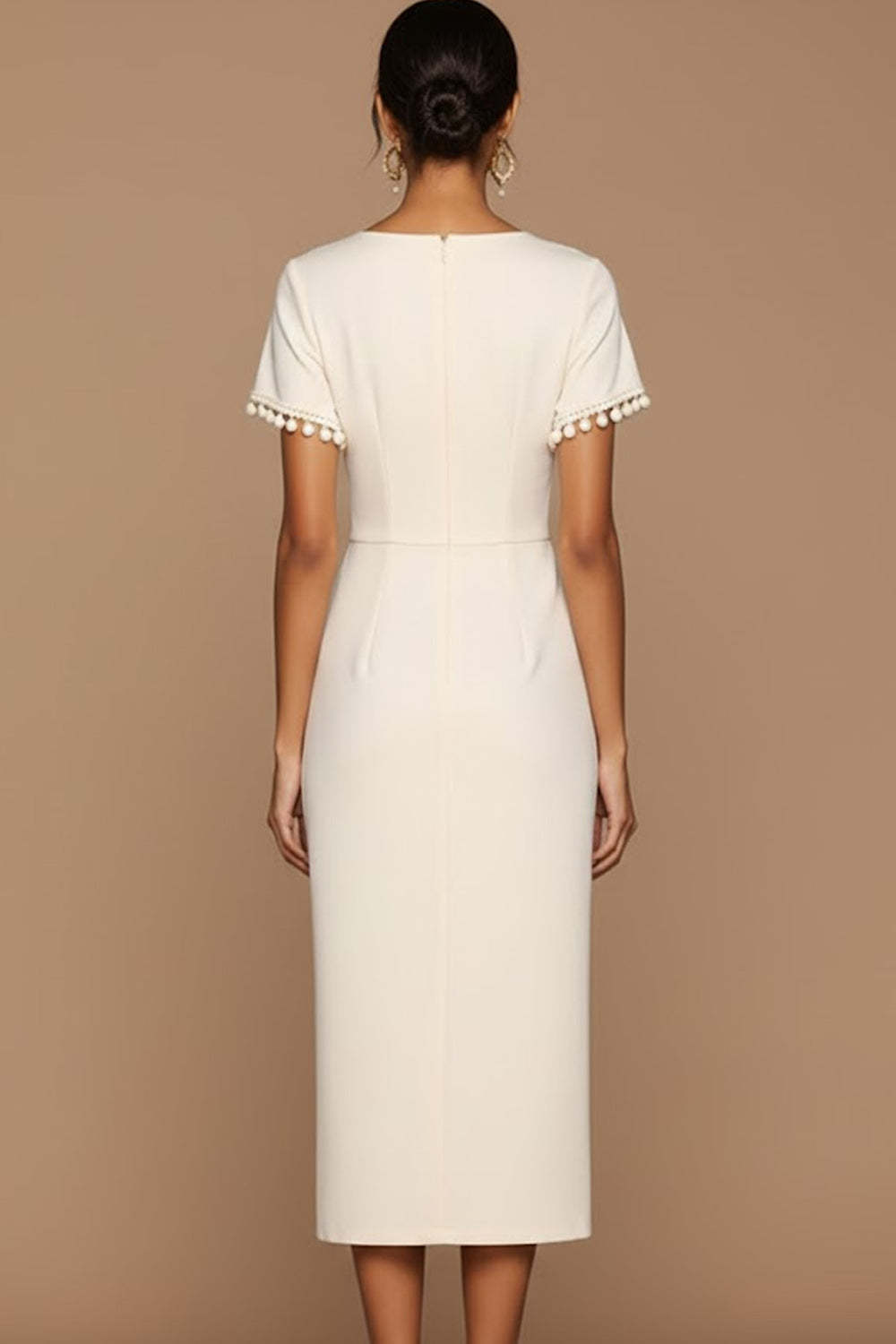 White Bodycon Jewel Neck Midi Wedding Reception Dress with Sleeves