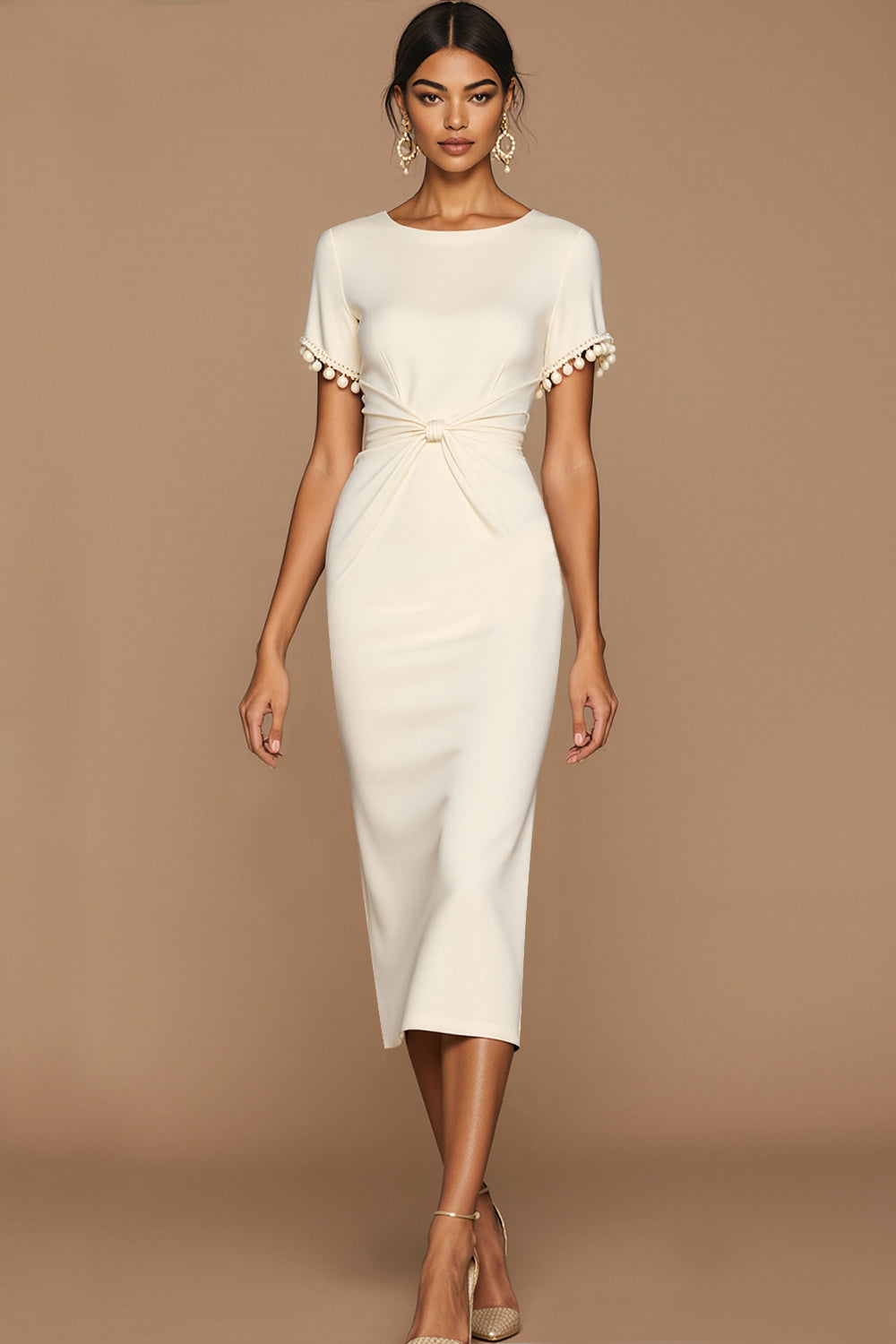 Leely Women White Ruched Midi Wedding Reception Dress with Sleeves Bodycon Jewel Neck Engagement Dress
