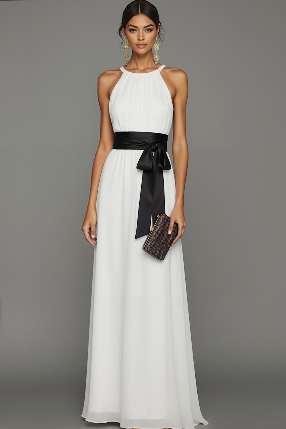 grey engagement dress Zapaka Women Ivory Long Engagement Dress with Belt Sleeveless High Neck  Chiffon A Line Wedding Reception Dress – ZAPAKA main image 1