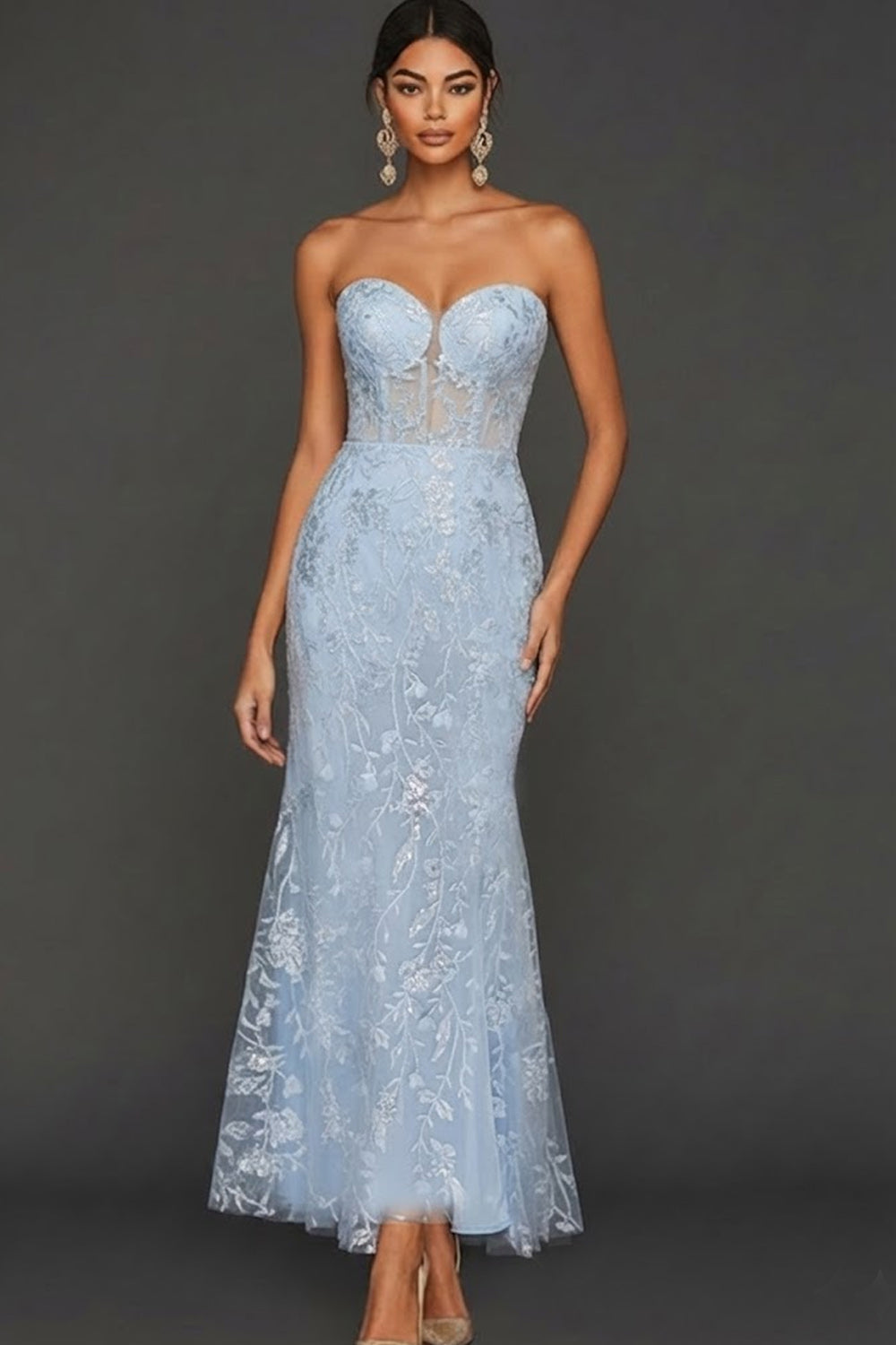 Leely Women Floral Sky Blue Long Corset Prom Dress Mermaid Sweetheart Backless Lace Pageant Dress