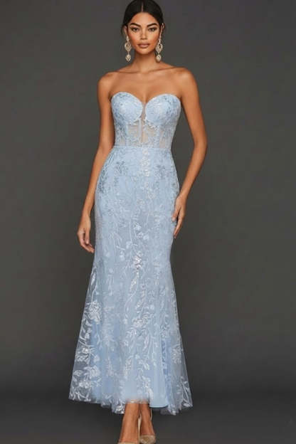 Leely Women Floral Sky Blue Long Corset Prom Dress Mermaid Sweetheart Backless Lace Pageant Dress