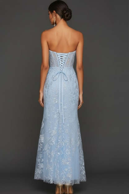 Floral Sky Blue Sweetheart Mermaid Lace Long Corset Prom Dress