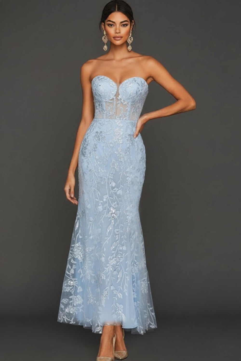 Floral Sky Blue Sweetheart Mermaid Lace Long Corset Prom Dress