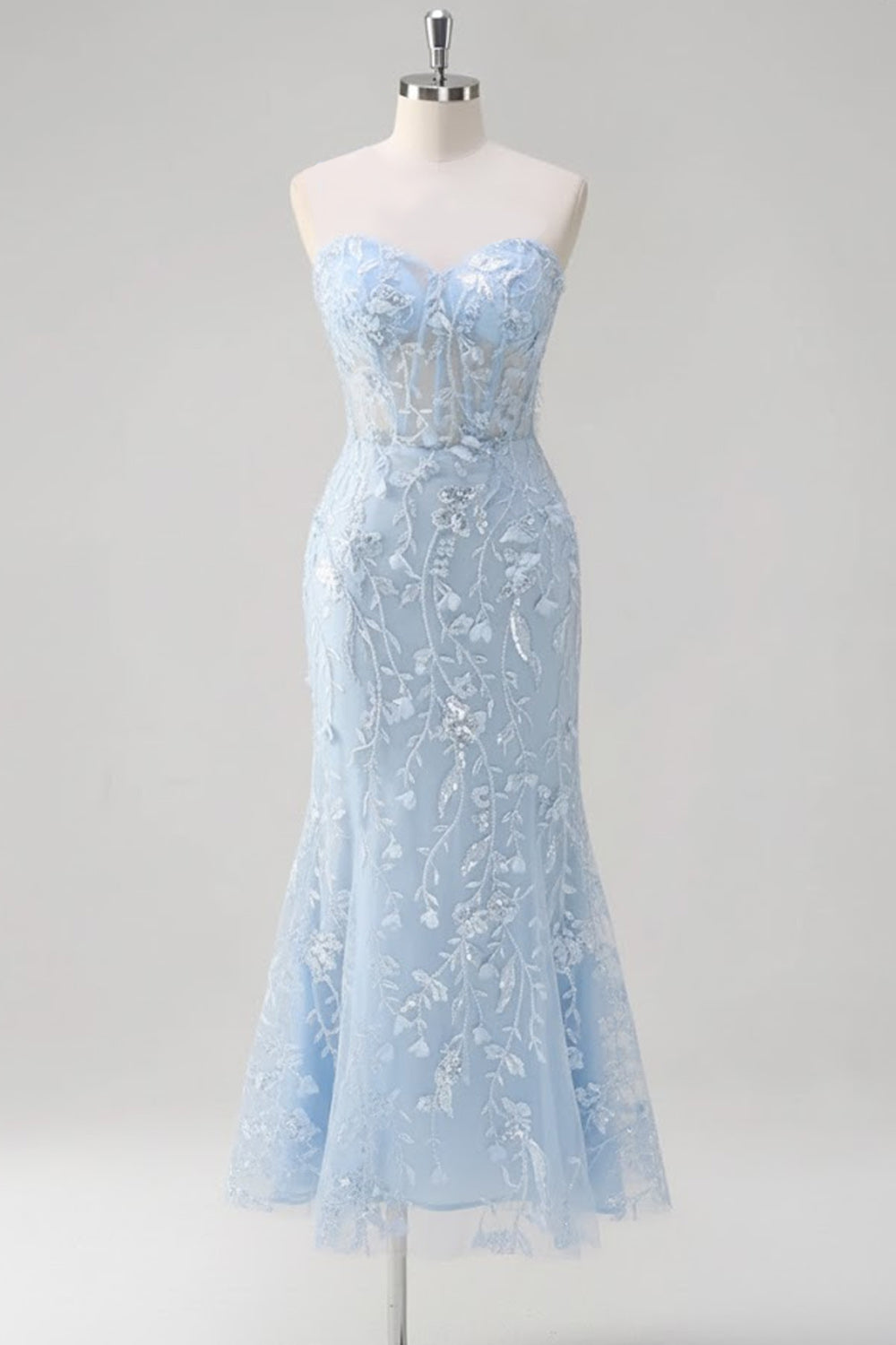 Floral Sky Blue Sweetheart Mermaid Lace Long Corset Prom Dress