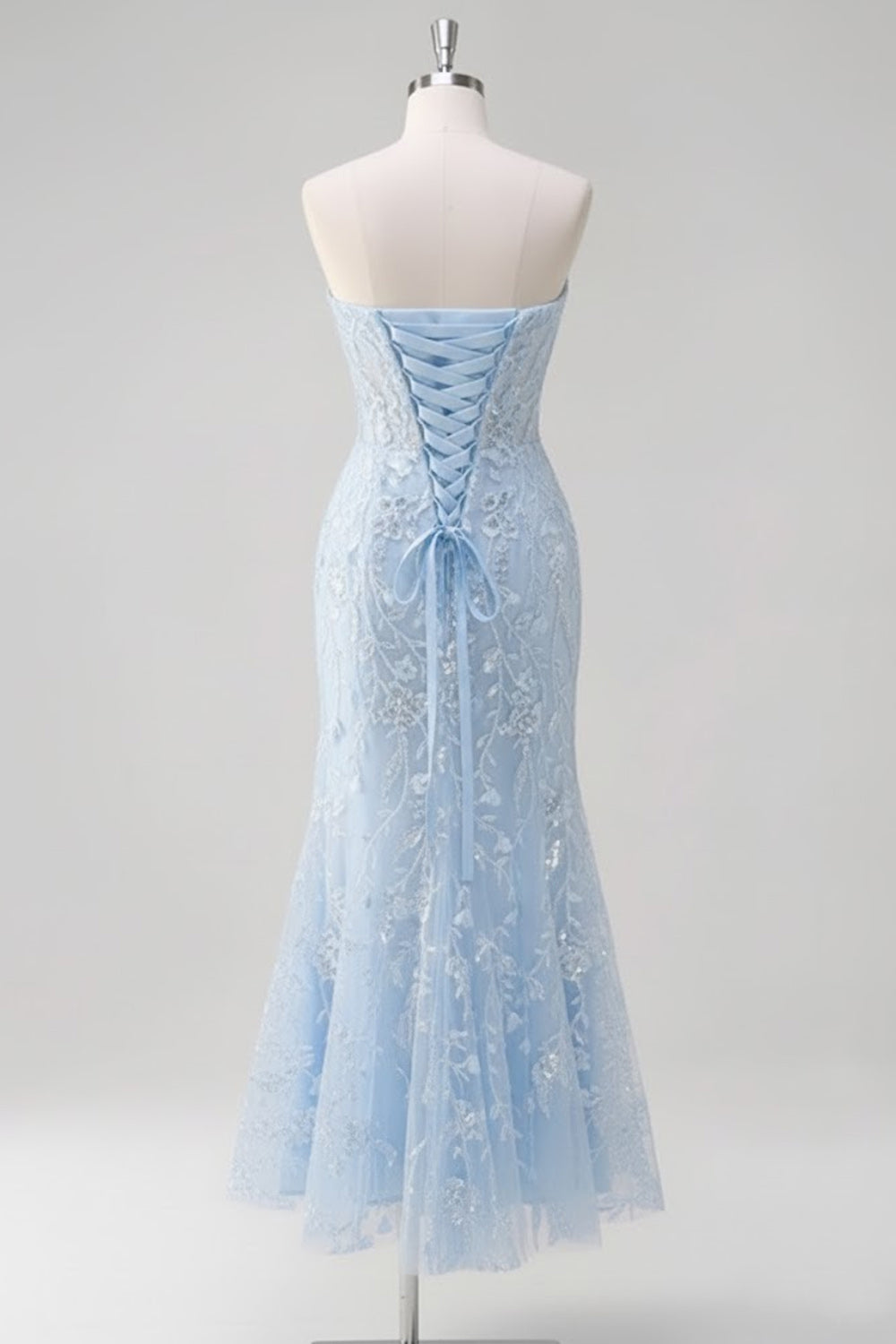 Floral Sky Blue Sweetheart Mermaid Lace Long Corset Prom Dress
