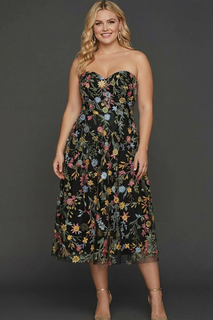 Plus Size Floral Mauve A Line Sweetheart Midi Embroidered Prom Dress