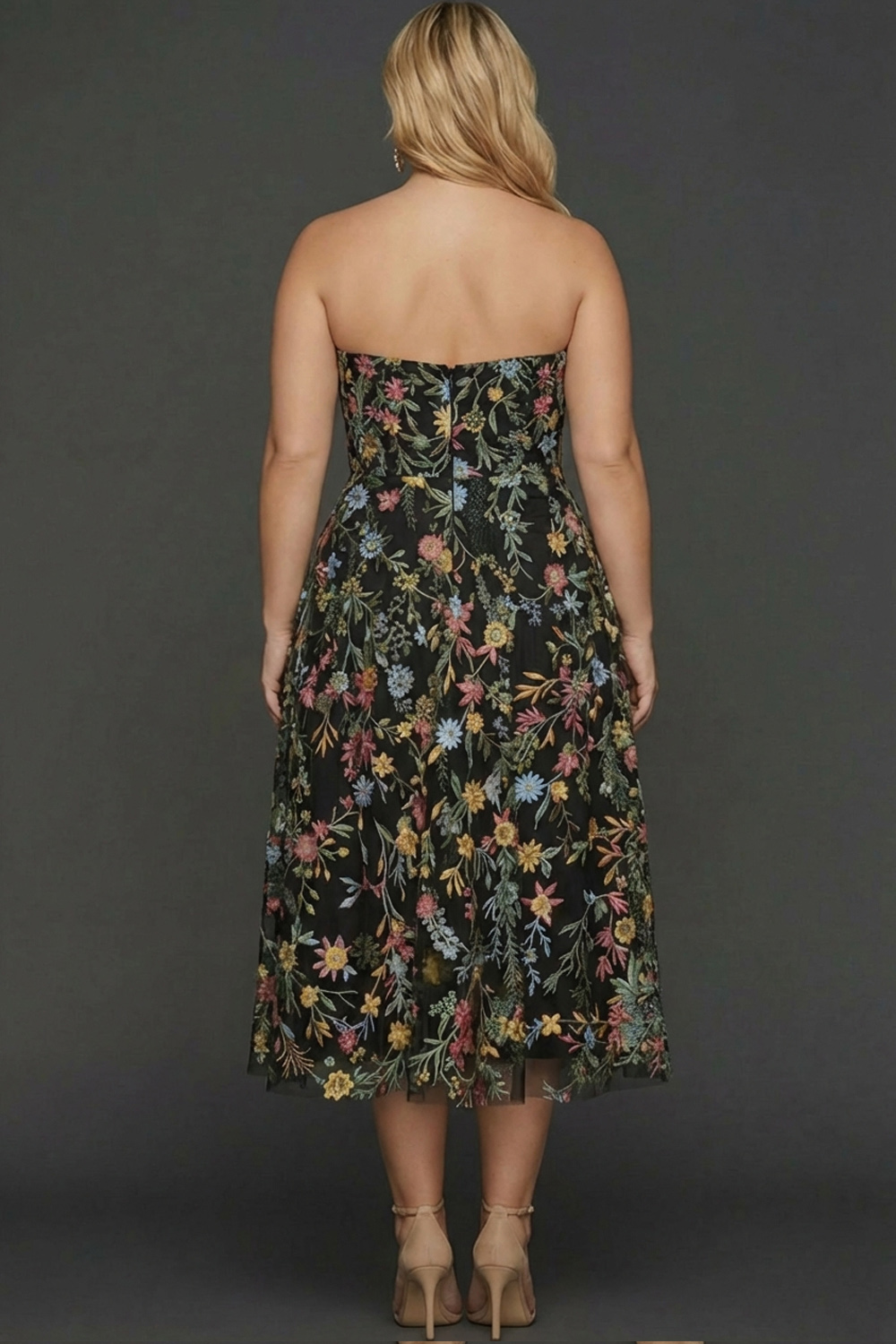 Plus Size Floral Mauve A Line Sweetheart Midi Embroidered Prom Dress