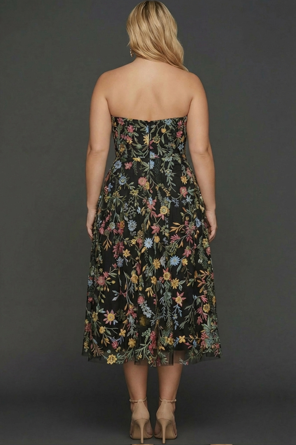 Plus Size Floral Mauve A Line Sweetheart Midi Embroidered Prom Dress