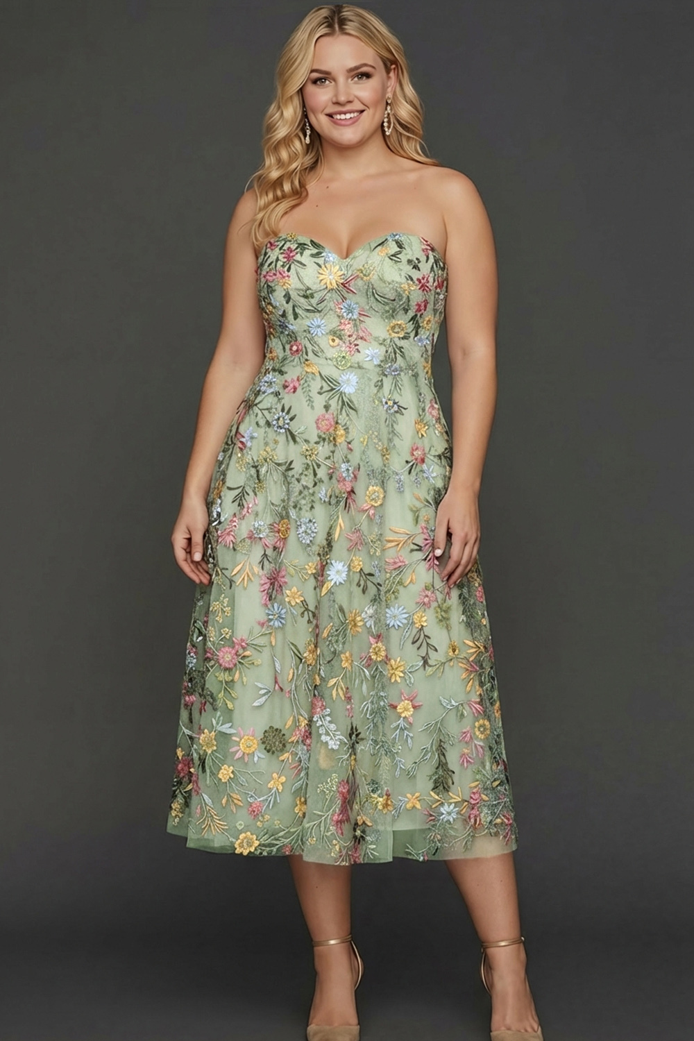 Plus Size Floral Mauve A Line Sweetheart Midi Embroidered Prom Dress