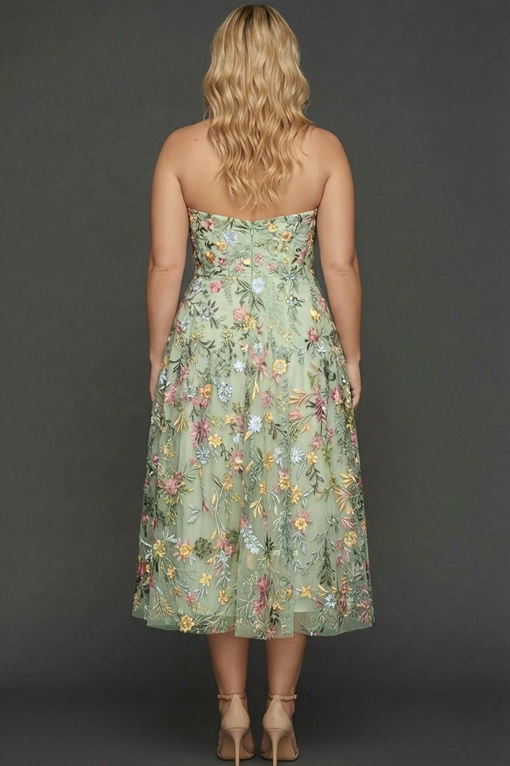 Plus Size Floral Mauve A Line Sweetheart Midi Embroidered Prom Dress