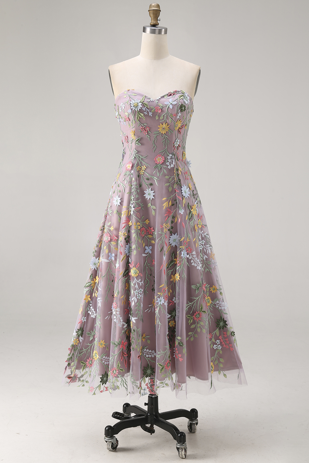 Leely Women Floral Mauve A Line Long Prom Dress Sweetheart