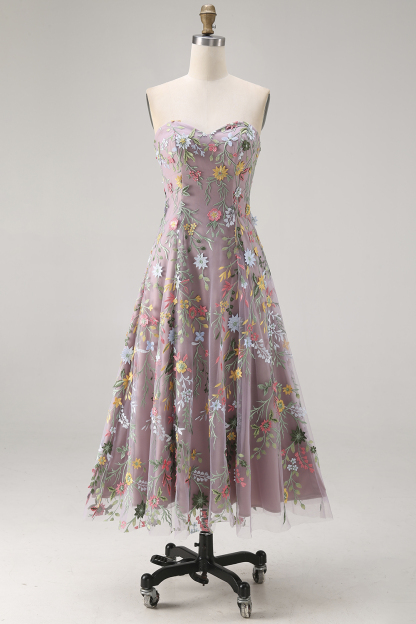 Floral Mauve Sweetheart A Line Embroidered Prom Dress