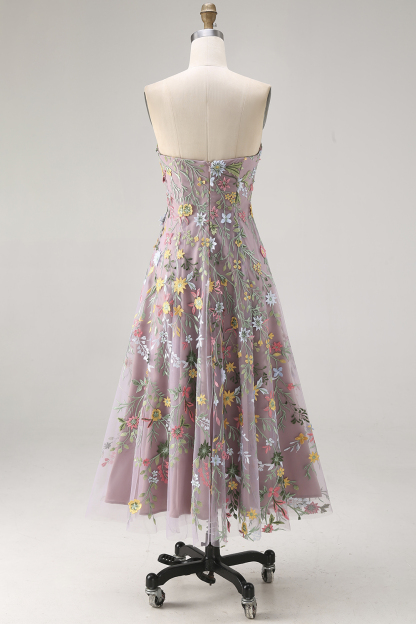 Floral Mauve Sweetheart A Line Embroidered Prom Dress