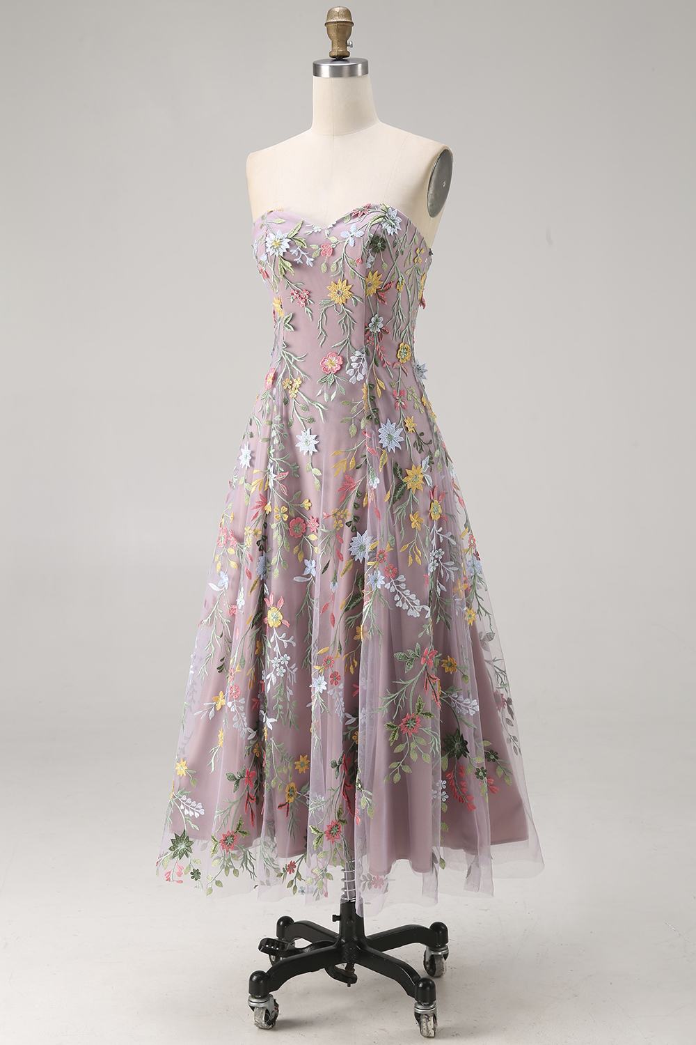 Mauve Floral Sweetheart A Line Embroidered Midi Prom Dress