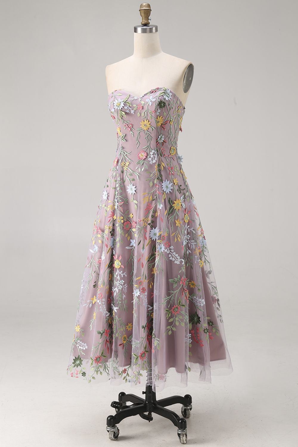 Mauve Floral Sweetheart A Line Embroidered Midi Prom Dress