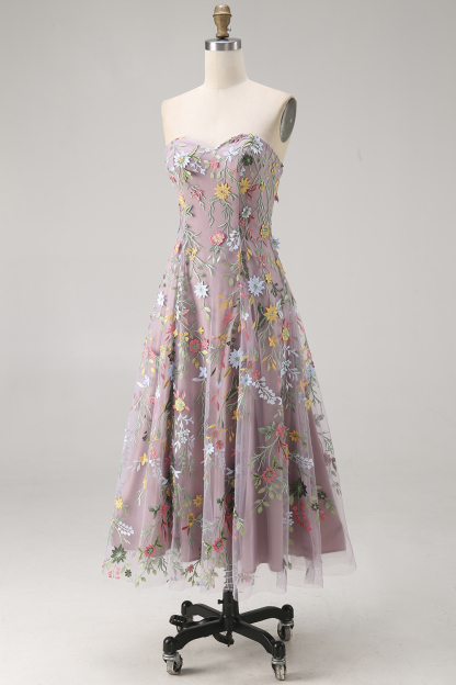 Mauve Floral Sweetheart A Line Embroidered Midi Prom Dress
