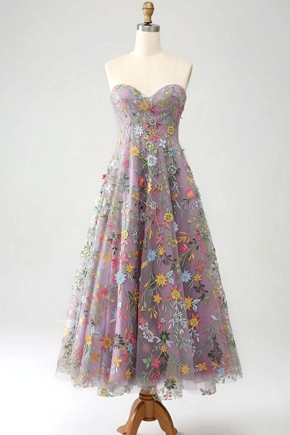 Floral Mauve Sweetheart A Line Embroidered Prom Dress