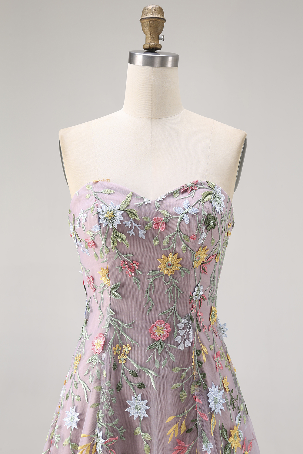 Mauve Floral Sweetheart A Line Embroidered Midi Prom Dress