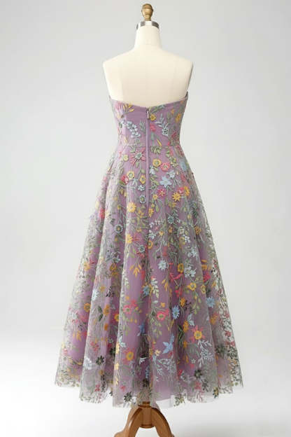 Floral Mauve Sweetheart A Line Embroidered Prom Dress