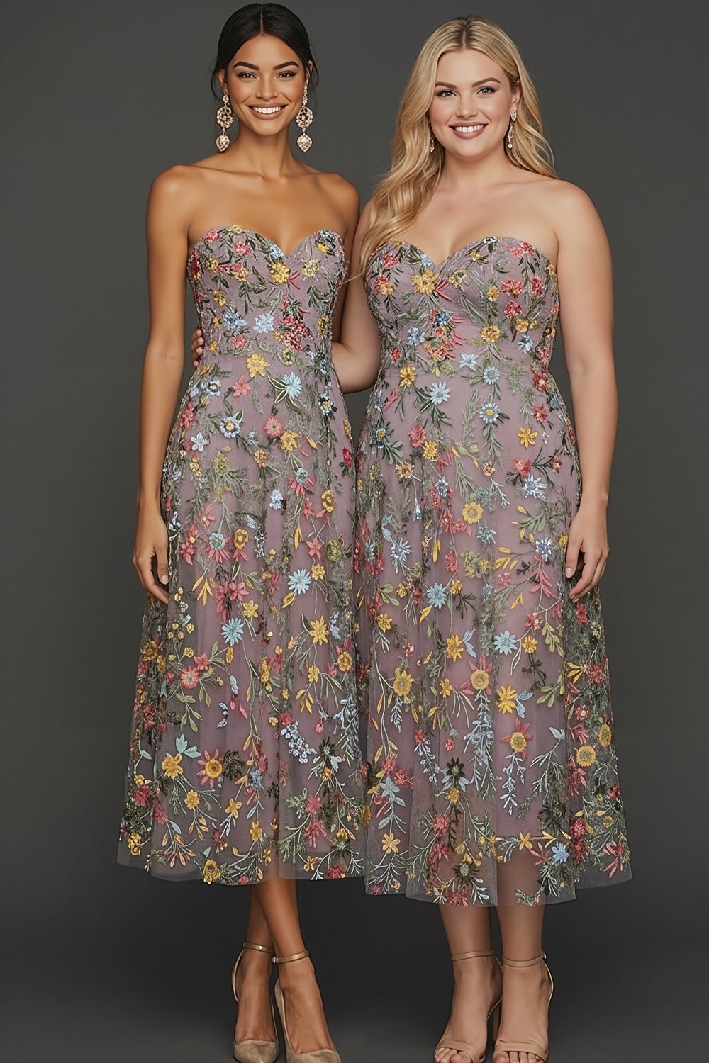 Plus Size Floral Mauve A Line Sweetheart Midi Embroidered Prom Dress