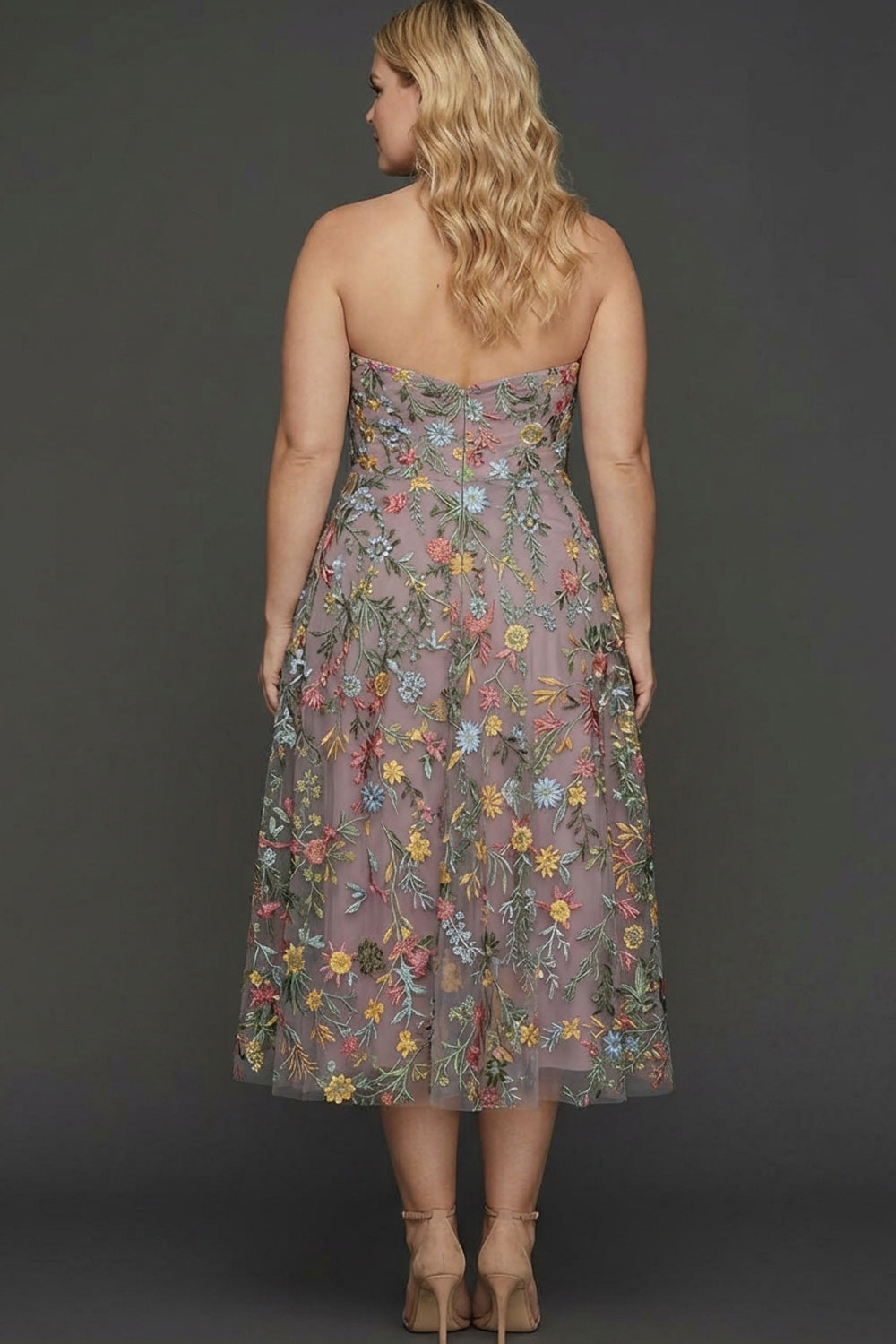 Plus Size Floral Mauve A Line Sweetheart Midi Embroidered Prom Dress