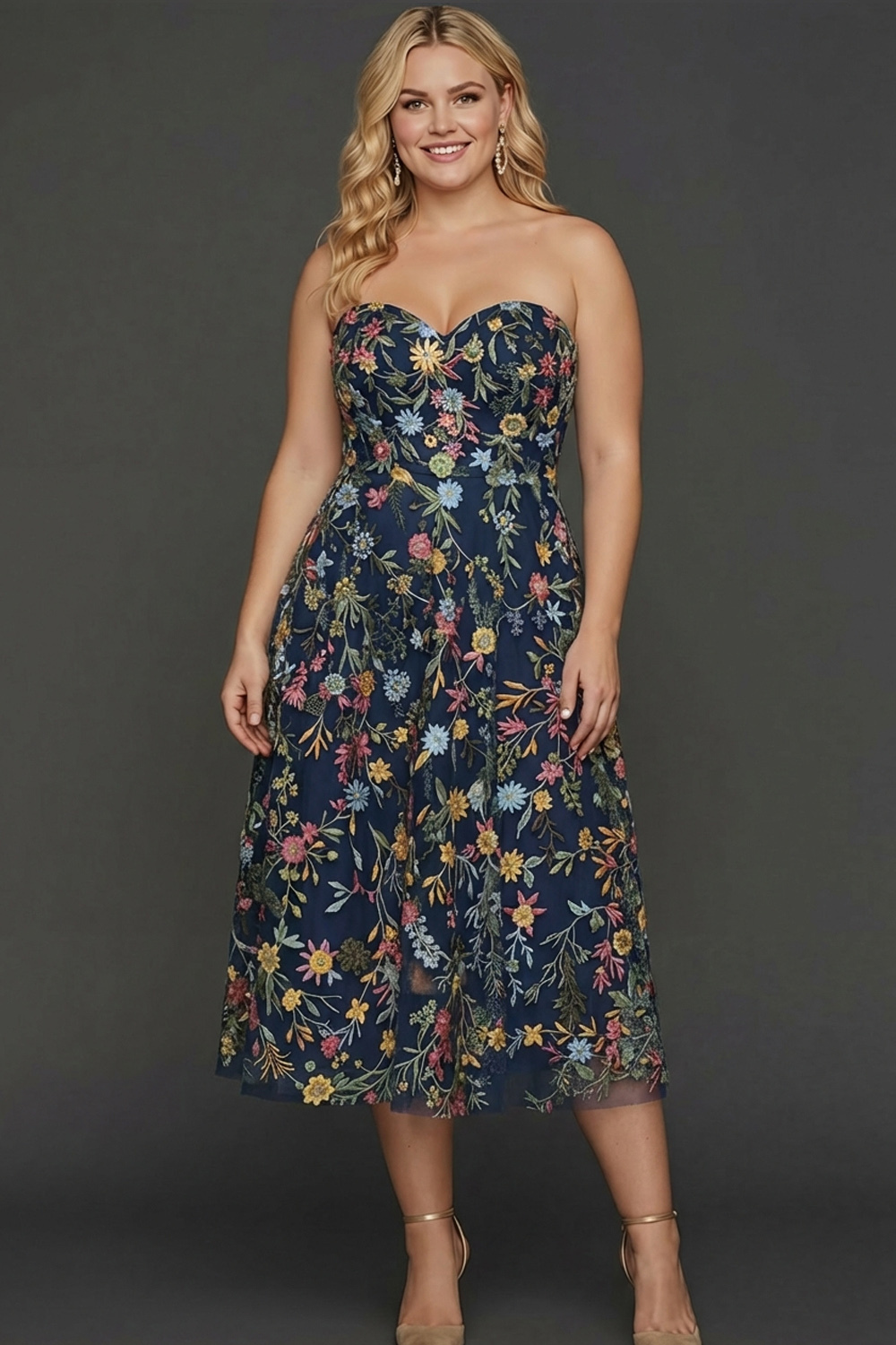 Plus Size Floral Mauve A Line Sweetheart Midi Embroidered Prom Dress