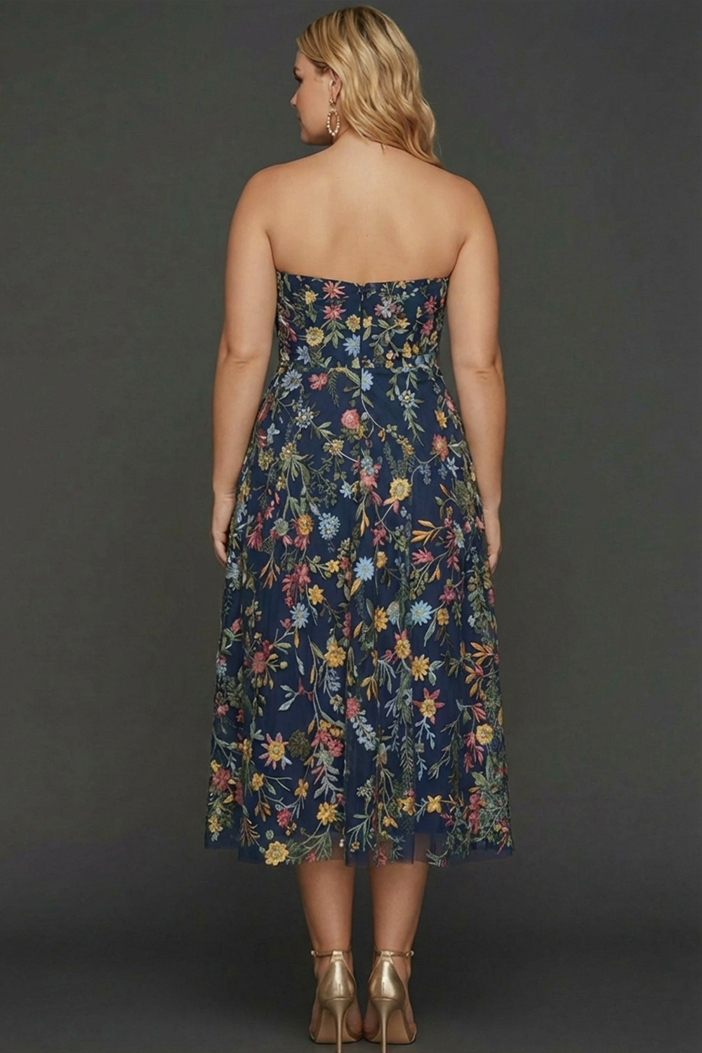 Plus Size Floral Mauve A Line Sweetheart Midi Embroidered Prom Dress