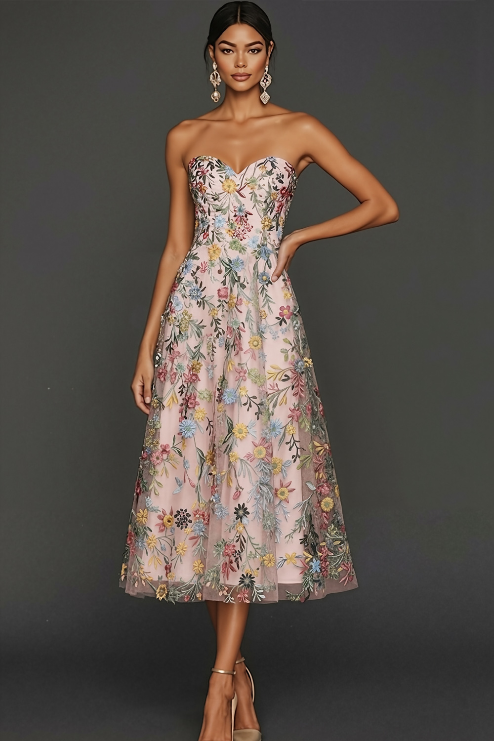 【新品タグ付き】Lace Trimmed Floral Dress mauve Leely Women Floral Mauve A Line Long Prom Dress Sweetheart
